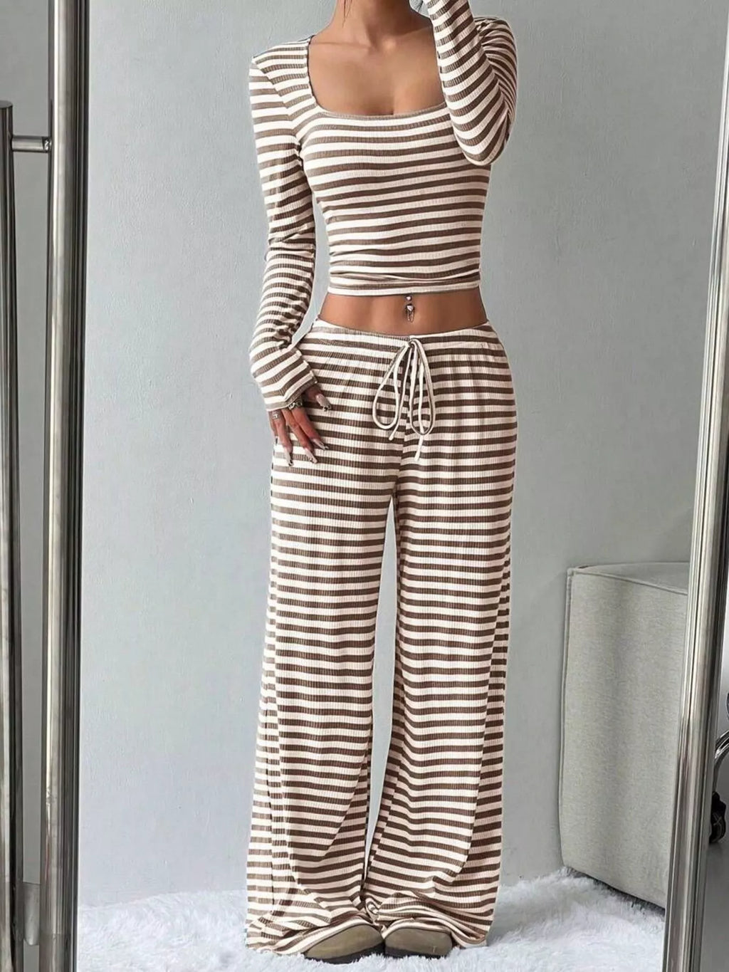 Striped Long Sleeve Crop Top Wide Leg Pants Set (4)