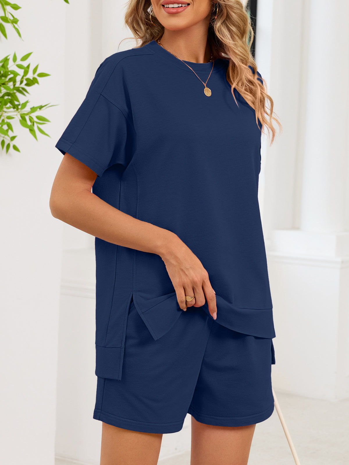 Round Neck Short Sleeve T-shirt Shorts Set (25)