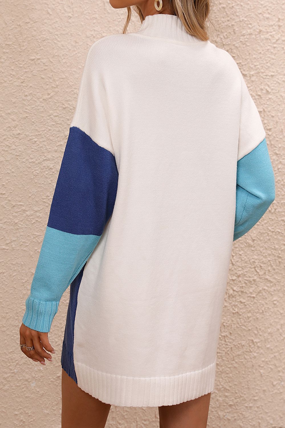 Block Mock Neck Dropped Shoulder Sweater Dress (13)