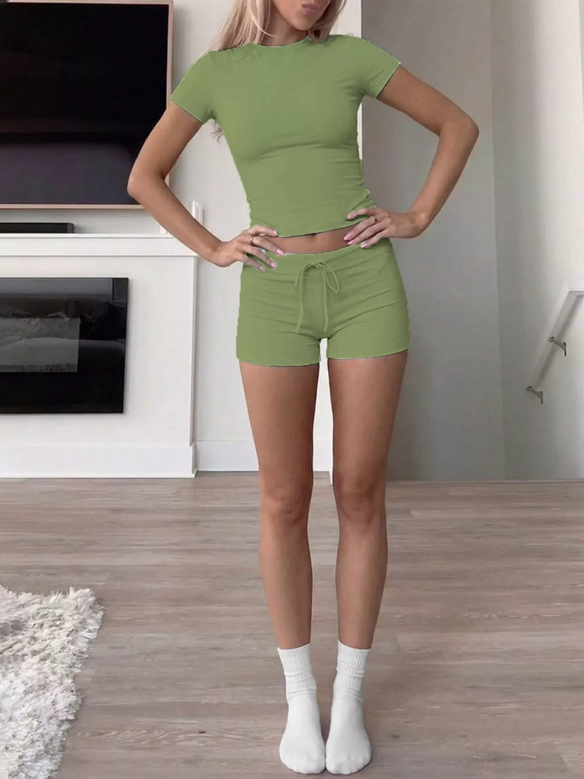 Mock Neck Crop Top Drawstring Shorts Set (11)