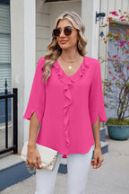Ruffled V-neck Three-quarter Sleeve Blouse (11)