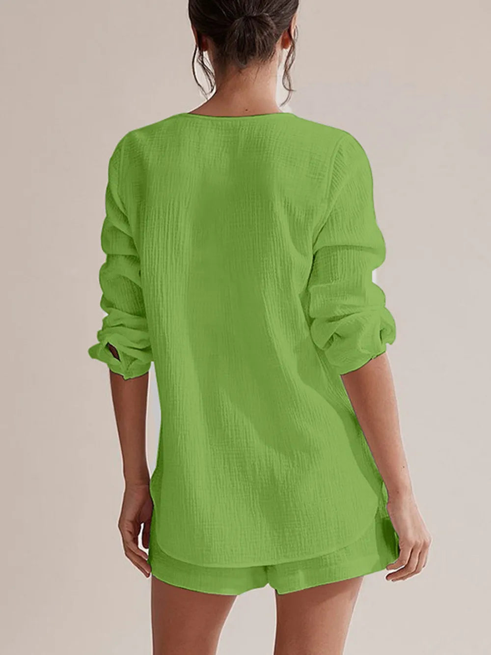 Notched Long Sleeve Top Shorts Set (17)