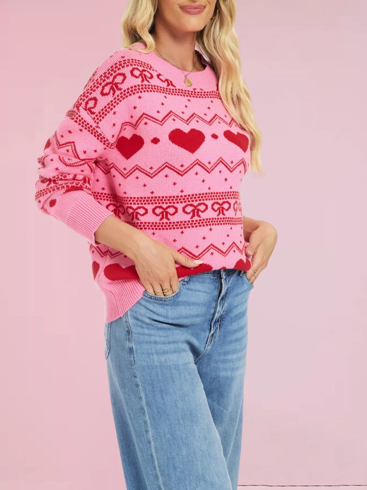 Heart Bow Pattern Round Neck Sweater (5)