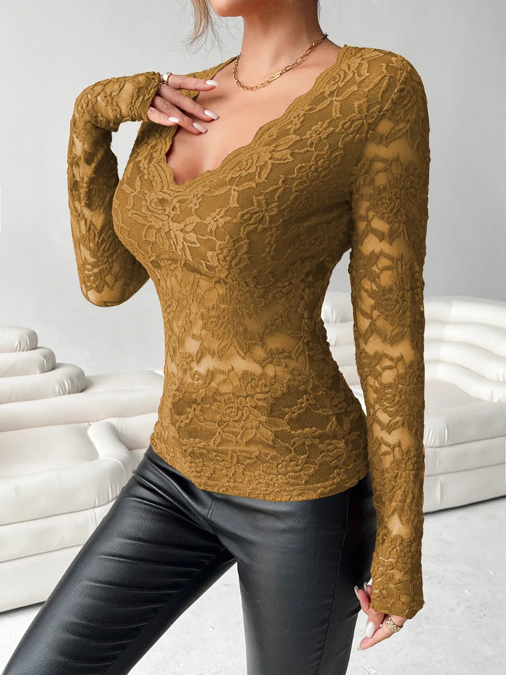 V-neck Long Sleeve Lace Top (16)