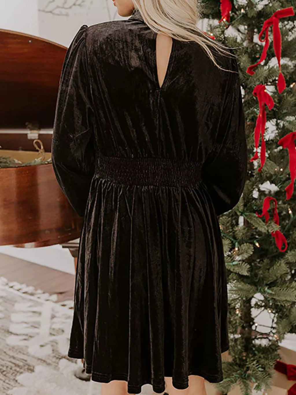 Velvet Mock Neck Balloon Sleeve Dress (8)