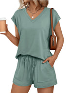 Casual V-neck T-shirt Shorts Set (13)