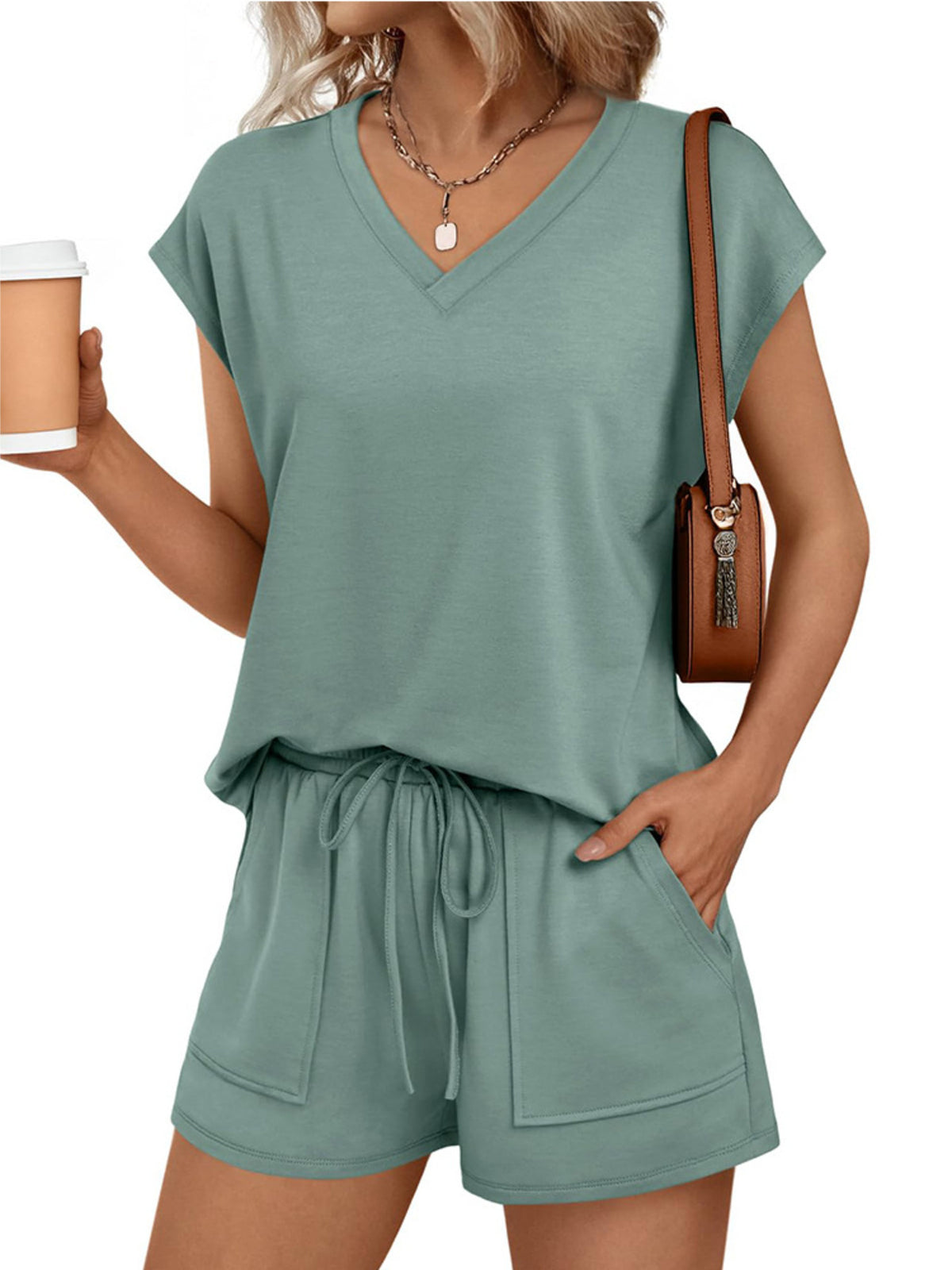 Casual V-neck T-shirt Shorts Set (13)