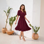 V-neck High Waist Tied Dress Fur Ball Short Sleeve photo 5
