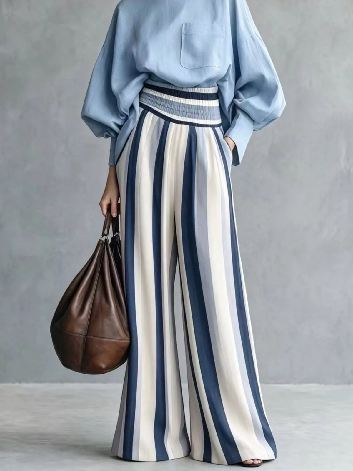 Full Size Mock Neck Top Striped Wide-leg Pants Set Plus (6)