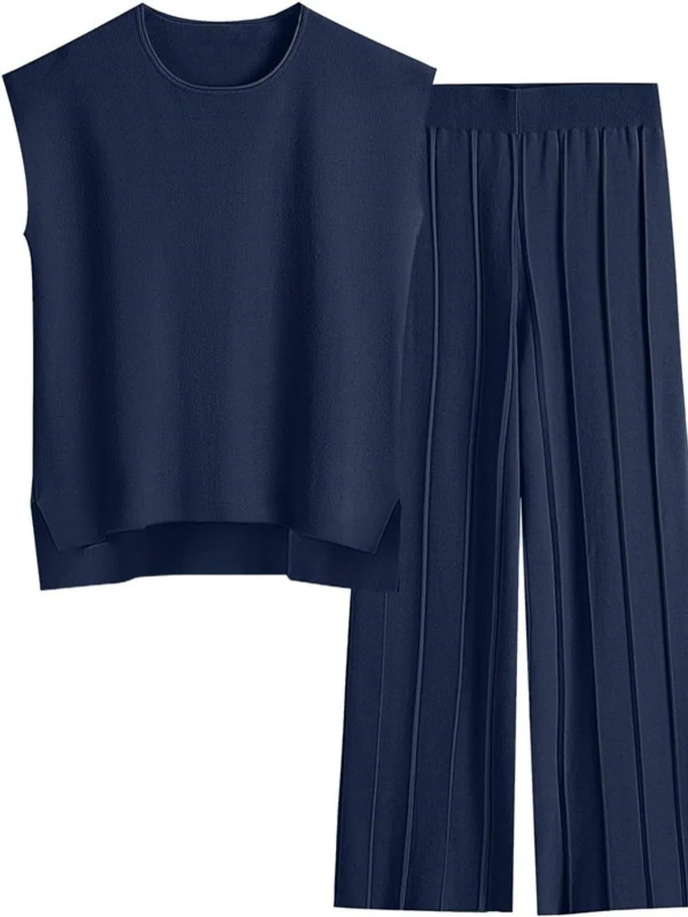 Round Neck Cap Sleeve Top Pants Knit Set (13)