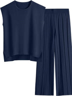 Round Neck Cap Sleeve Top Pants Knit Set (13)