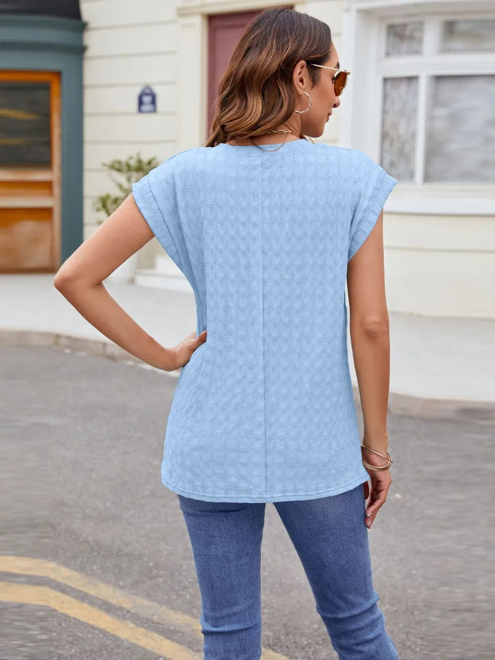 Textured Round Neck Cap Sleeve T-shirt (16)