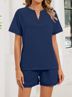 Notched Short Sleeve Top Shorts Set (26)