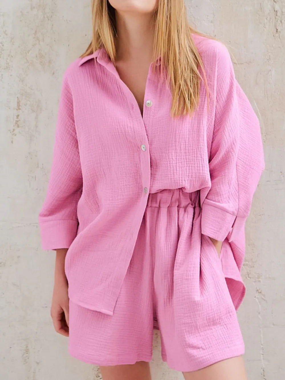 Texture Button Up Shirt Shorts Set (19)