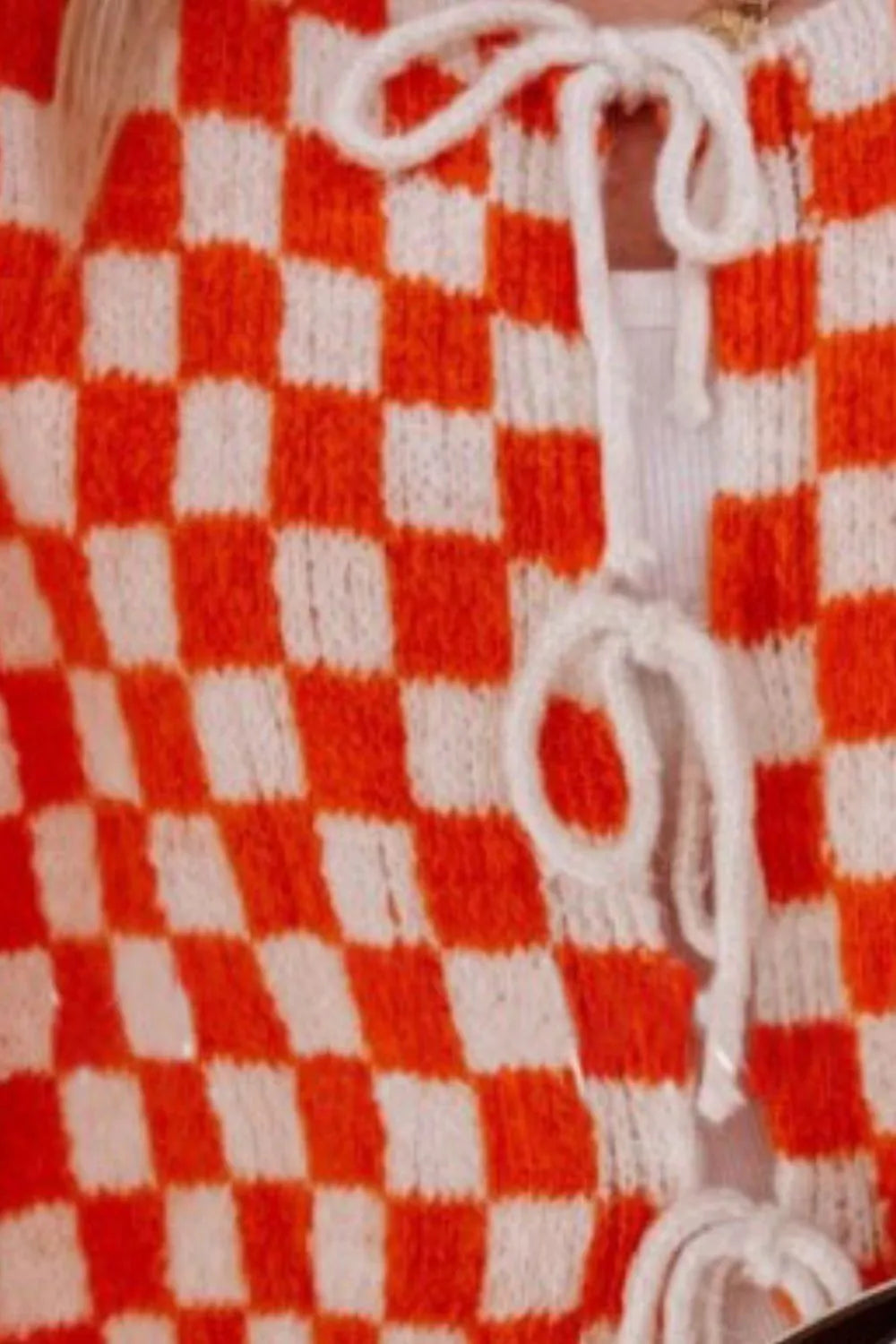 Tied Checkered Dropped Shoulder Flounce Sleeve Cardigan (16)