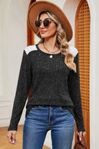 Eyelet Ribbed Round Neck Long Sleeve T-shirt (7)