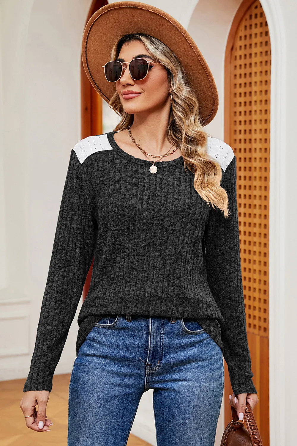 Eyelet Ribbed Round Neck Long Sleeve T-shirt (7)