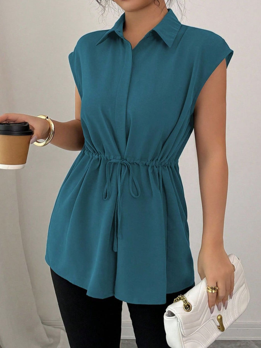 Drawstring Waist Cap Sleeve Shirt (22)