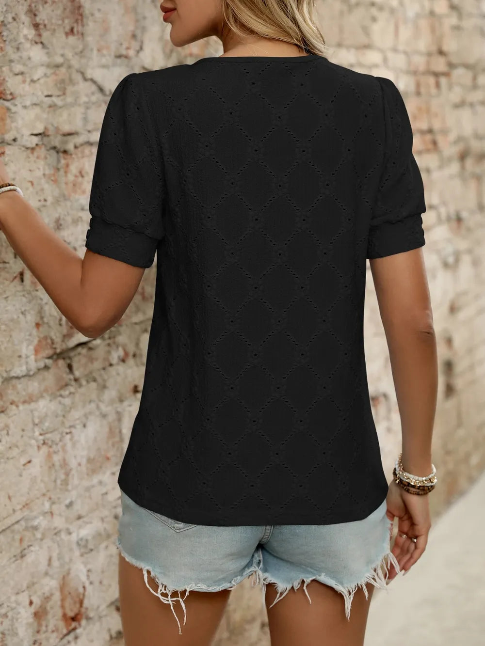 Eyelet Round Neck Short Sleeve Top (15)