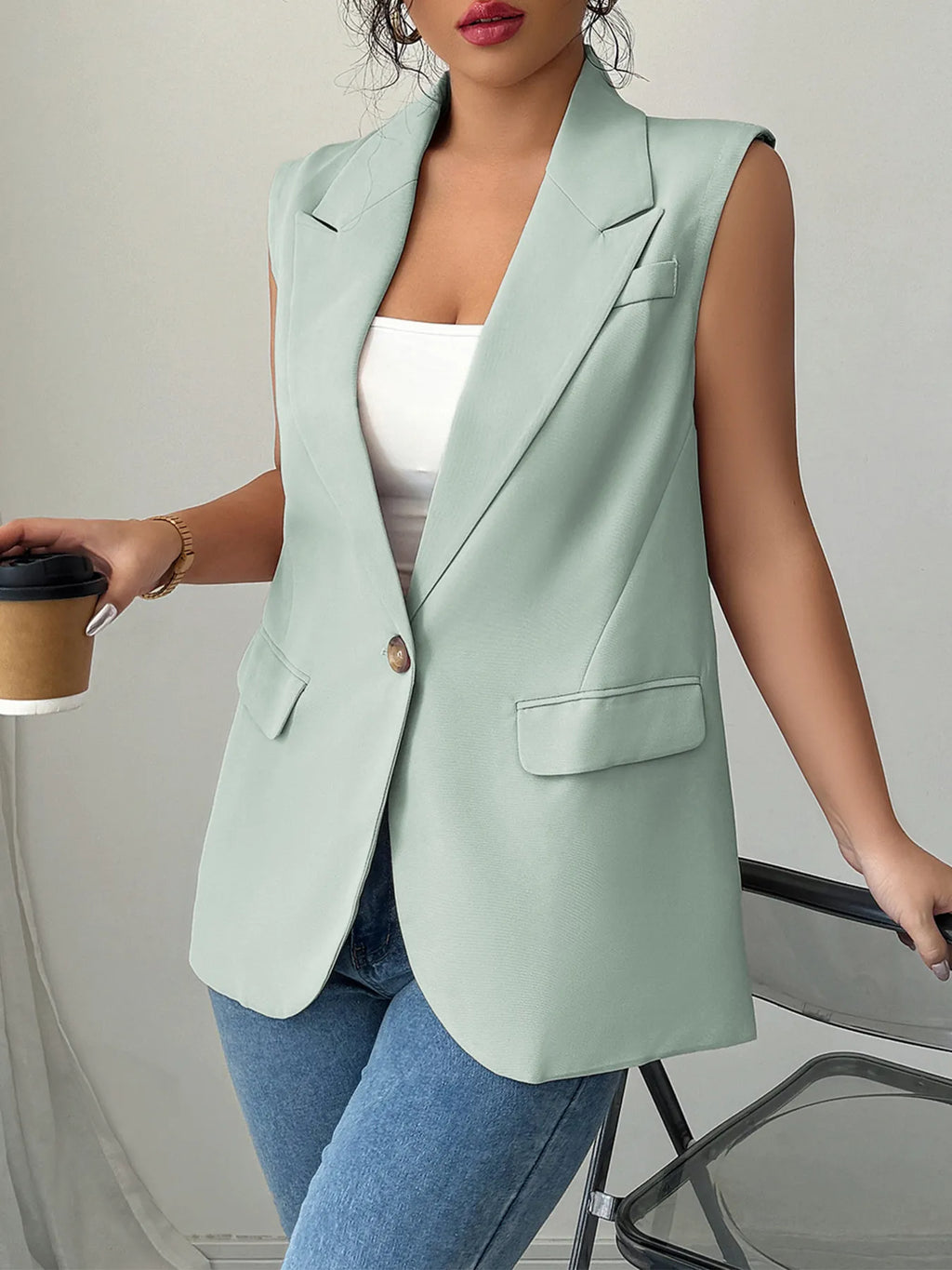 One Button V-neck Blazer Vest Coat (6)