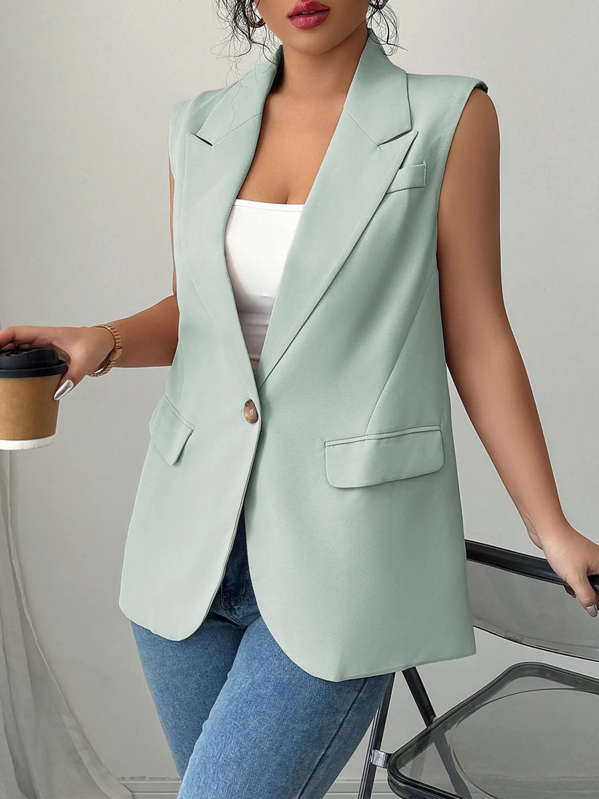 One Button V-neck Blazer Vest Coat (6)