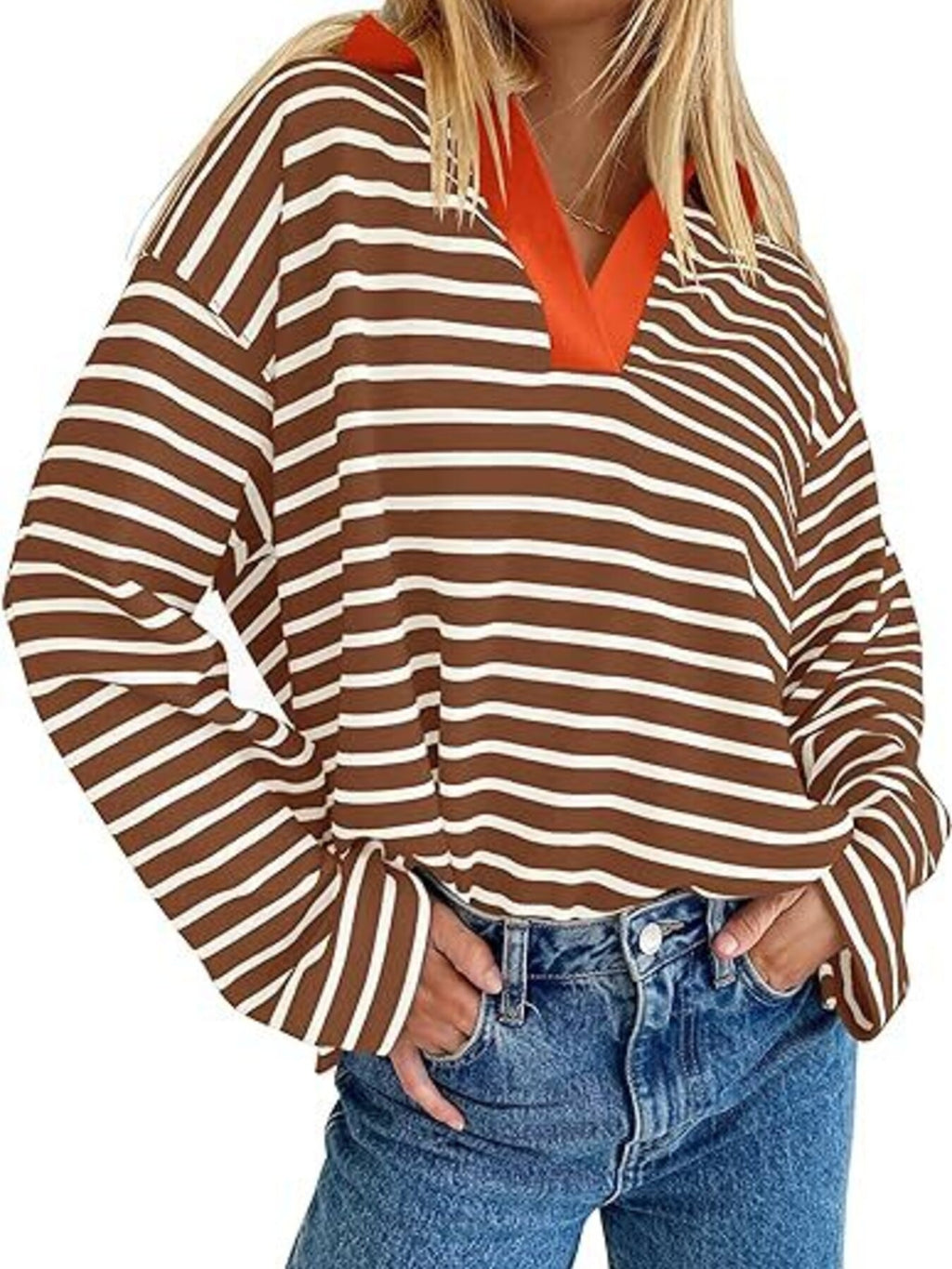 Striped Contrast Collar Long Sleeve Top (16)