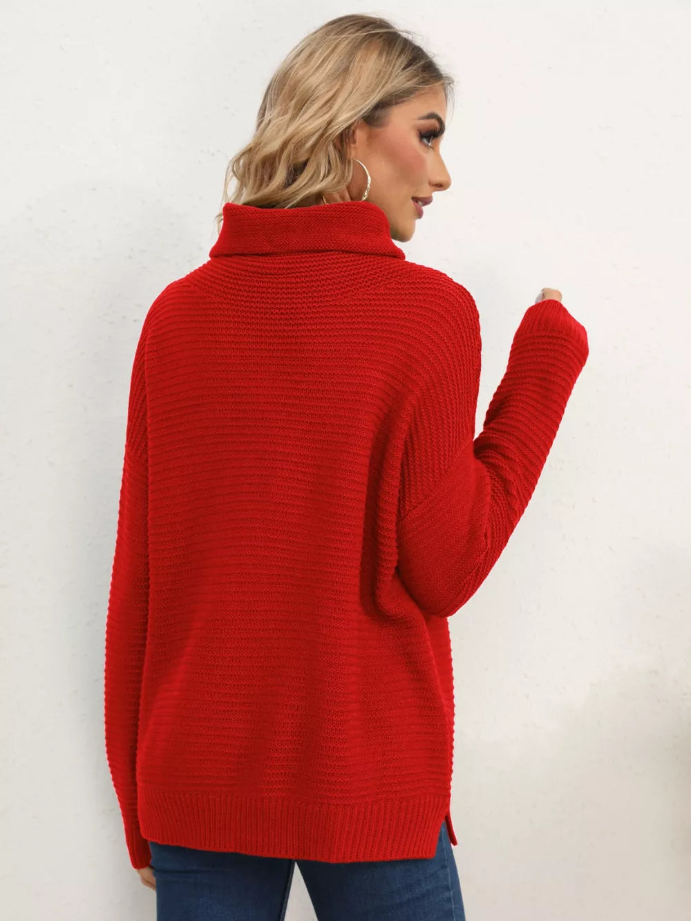 Slit Turtleneck Dropped Shoulder Sweater (8)