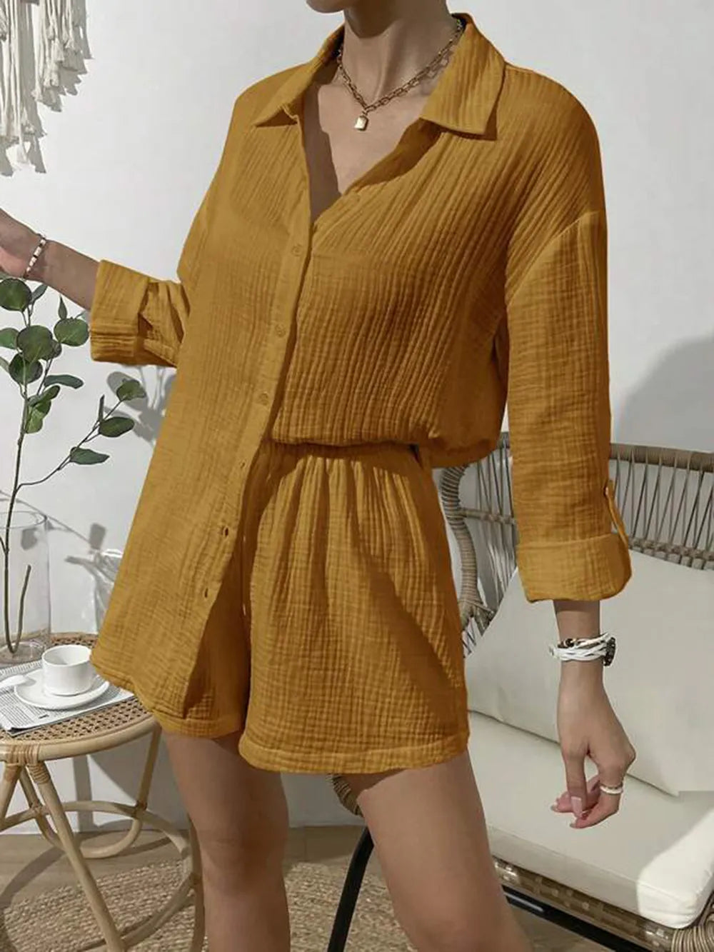Dropped Shoulder Button Up Top Elastic Waist Shorts Set (26)