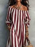 Off-shoulder Striped Dress Pockets (2)