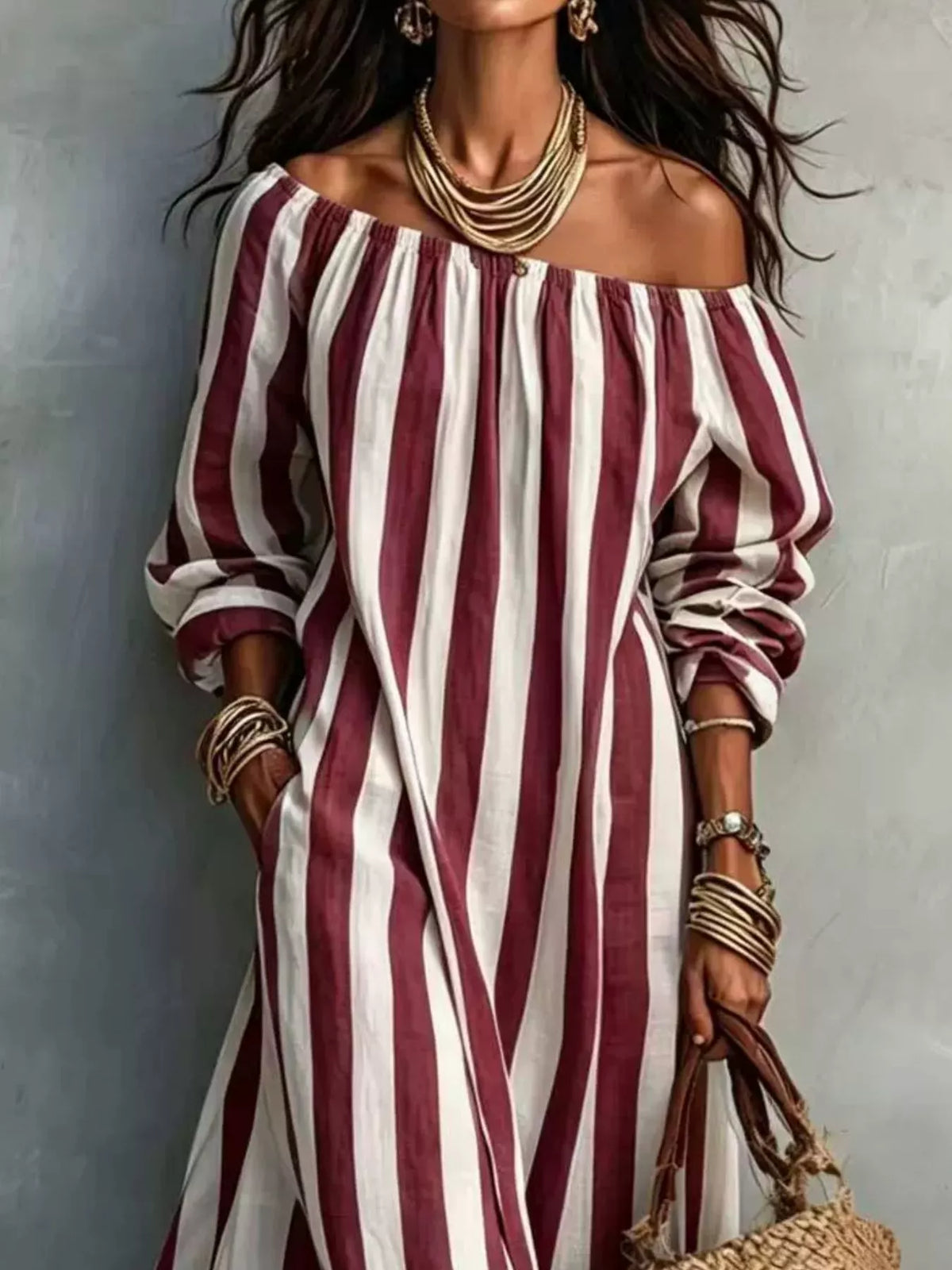Off-shoulder Striped Dress Pockets (2)