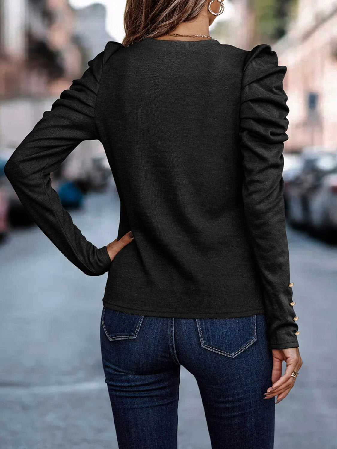 Decorative Button Puff Sleeve T-shirt (5)