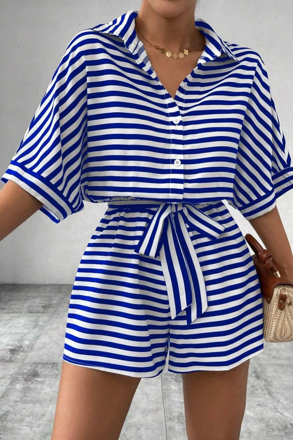 Striped Collared Neck Tie Waist Romper (5)