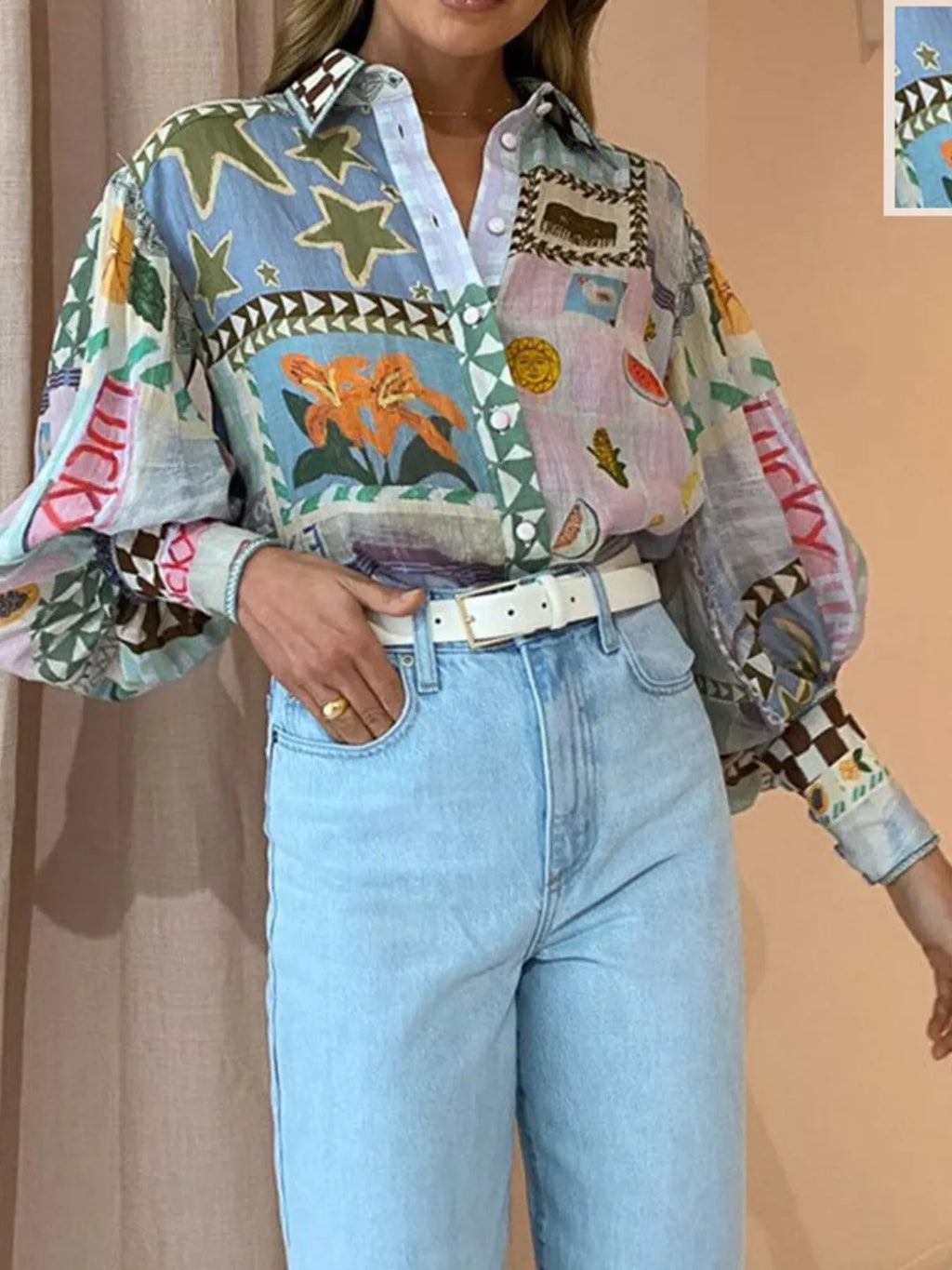 Full Size Printed Lantern Sleeve Button Up Shirt Plus