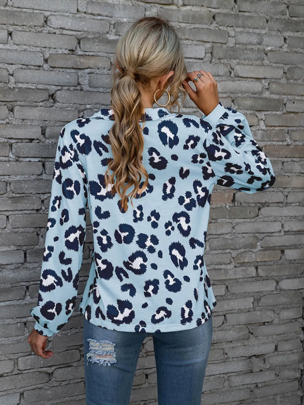 Leopard V-neck Decorative Button Long Sleeve Blouse (7)