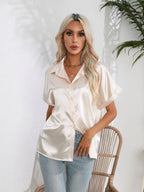 Button Down Collared Neck Short Sleeve Satin Shirt (22)