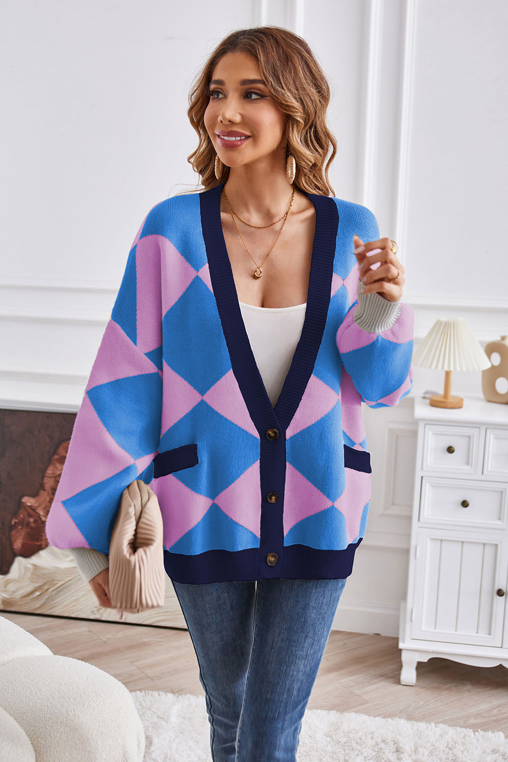Geometric Lantern Sleeve Cardigan Pockets (7)