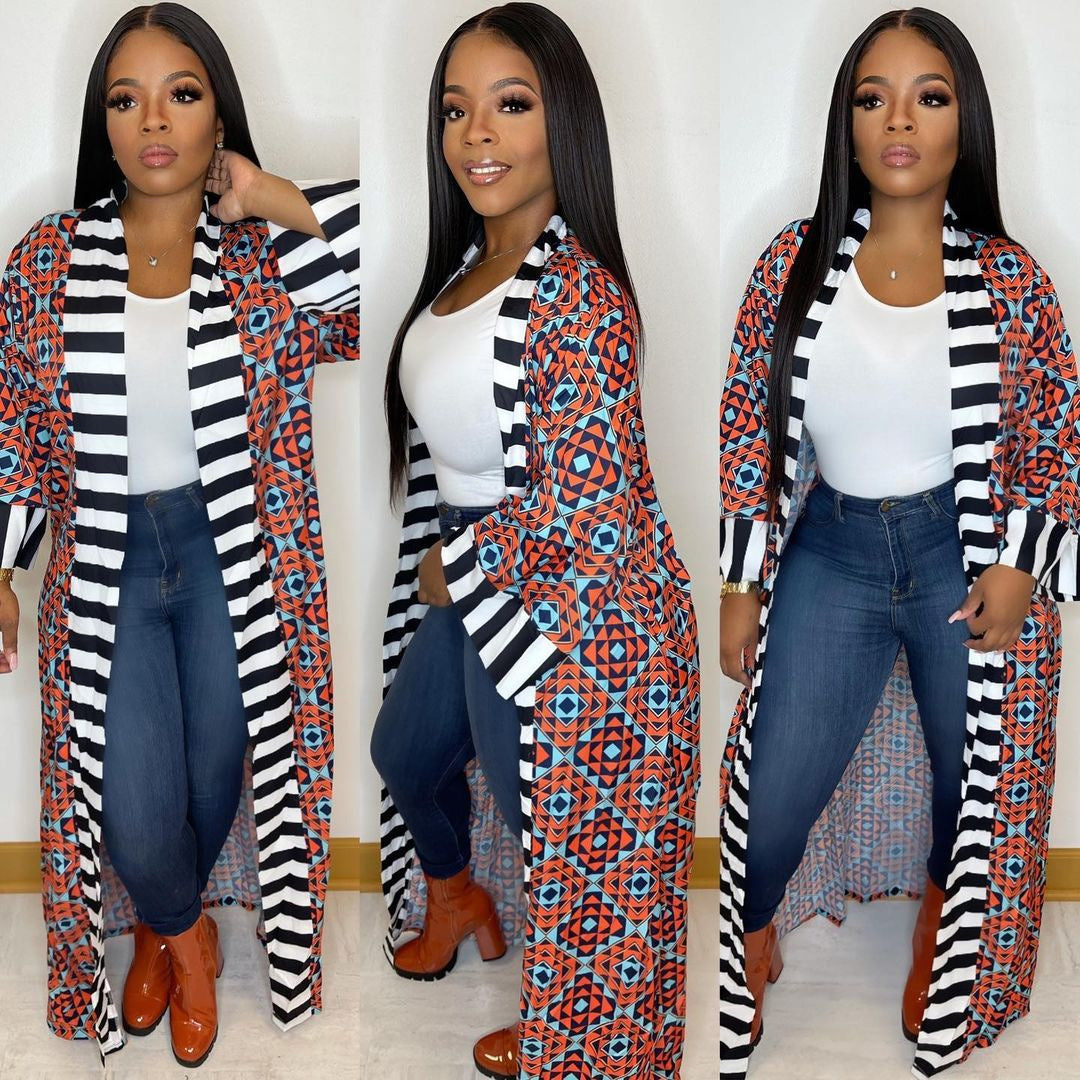 Casual Striped Pattern Printed Long Sleeve Coat Dress photo 6