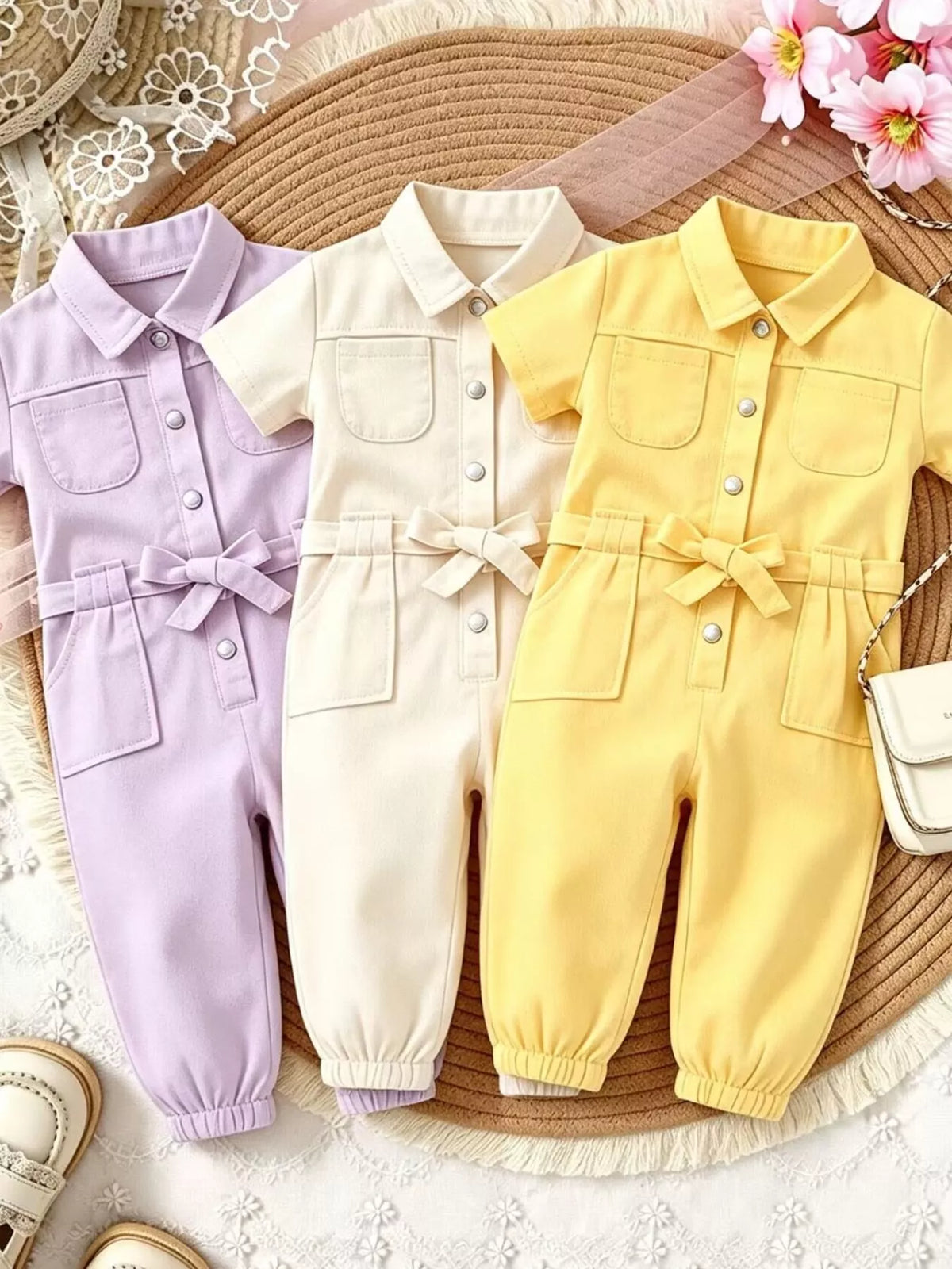 Children's Short Sleeve Belt Jumpsuit