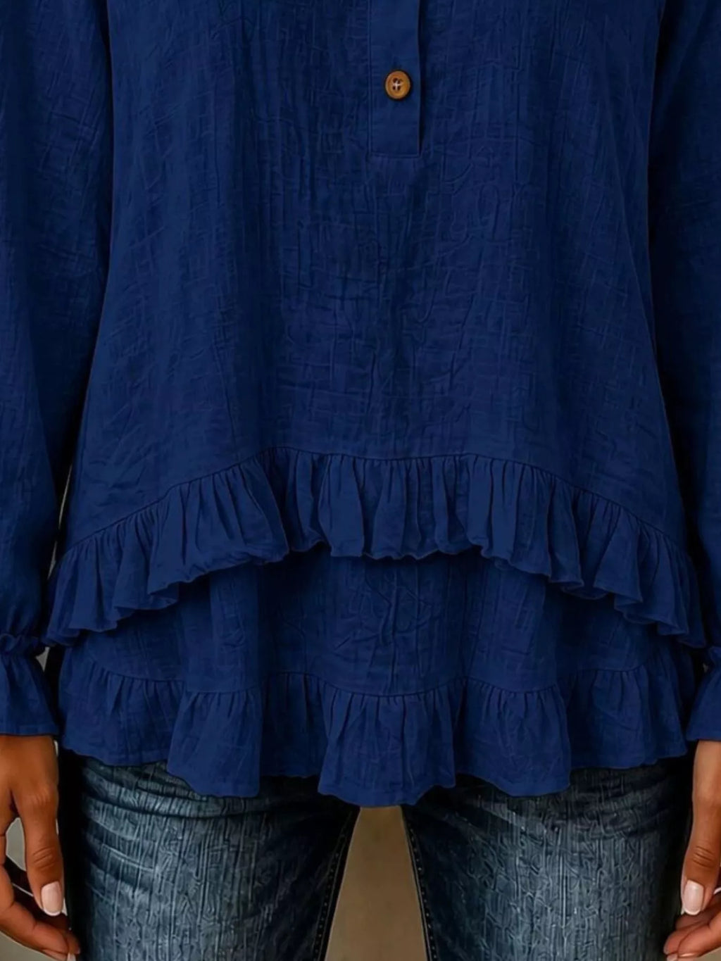 V-neck Long Sleeve Button Detail Ruffled Hem Blouse (6)