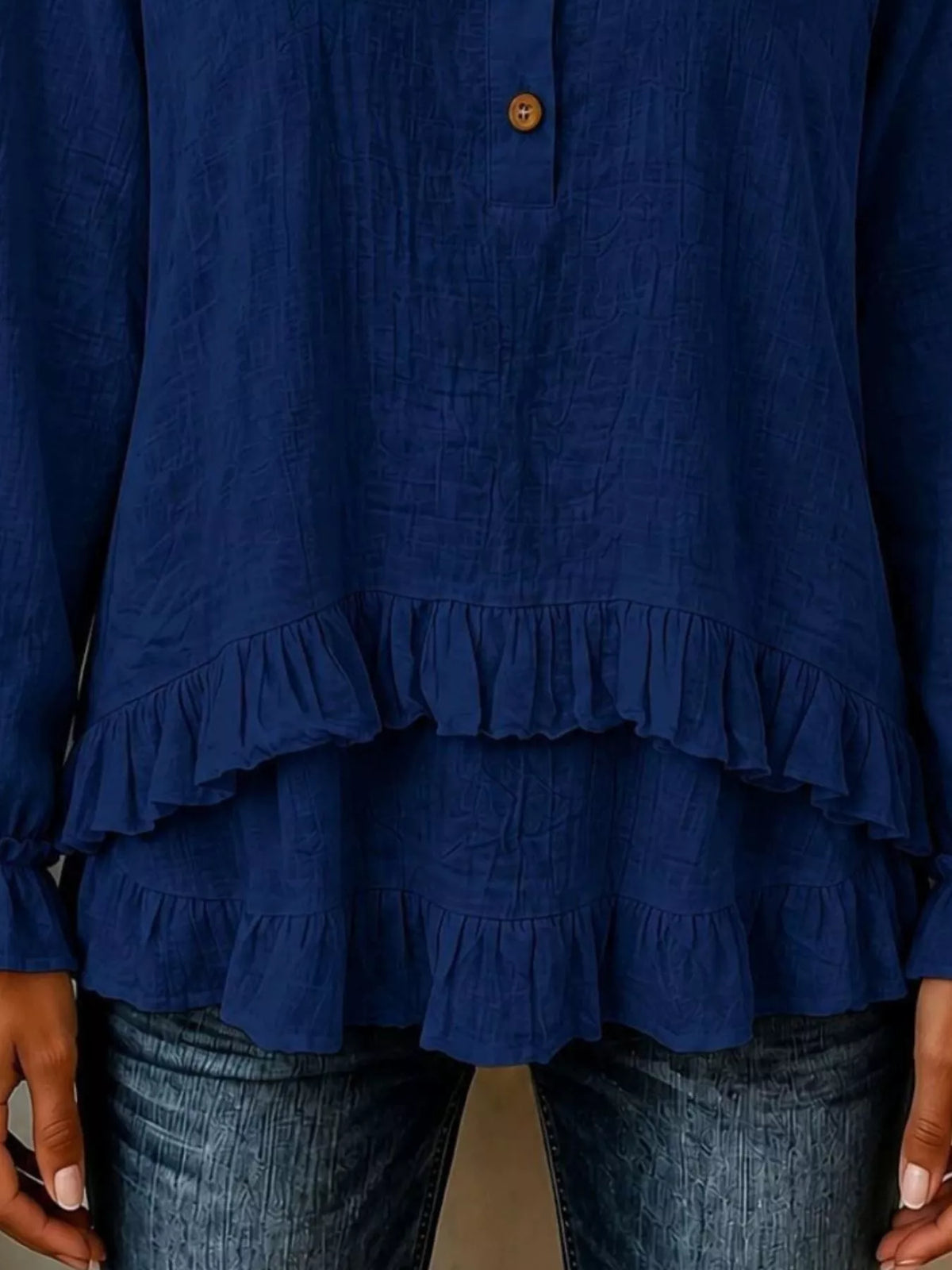V-neck Long Sleeve Button Detail Ruffled Hem Blouse (6)