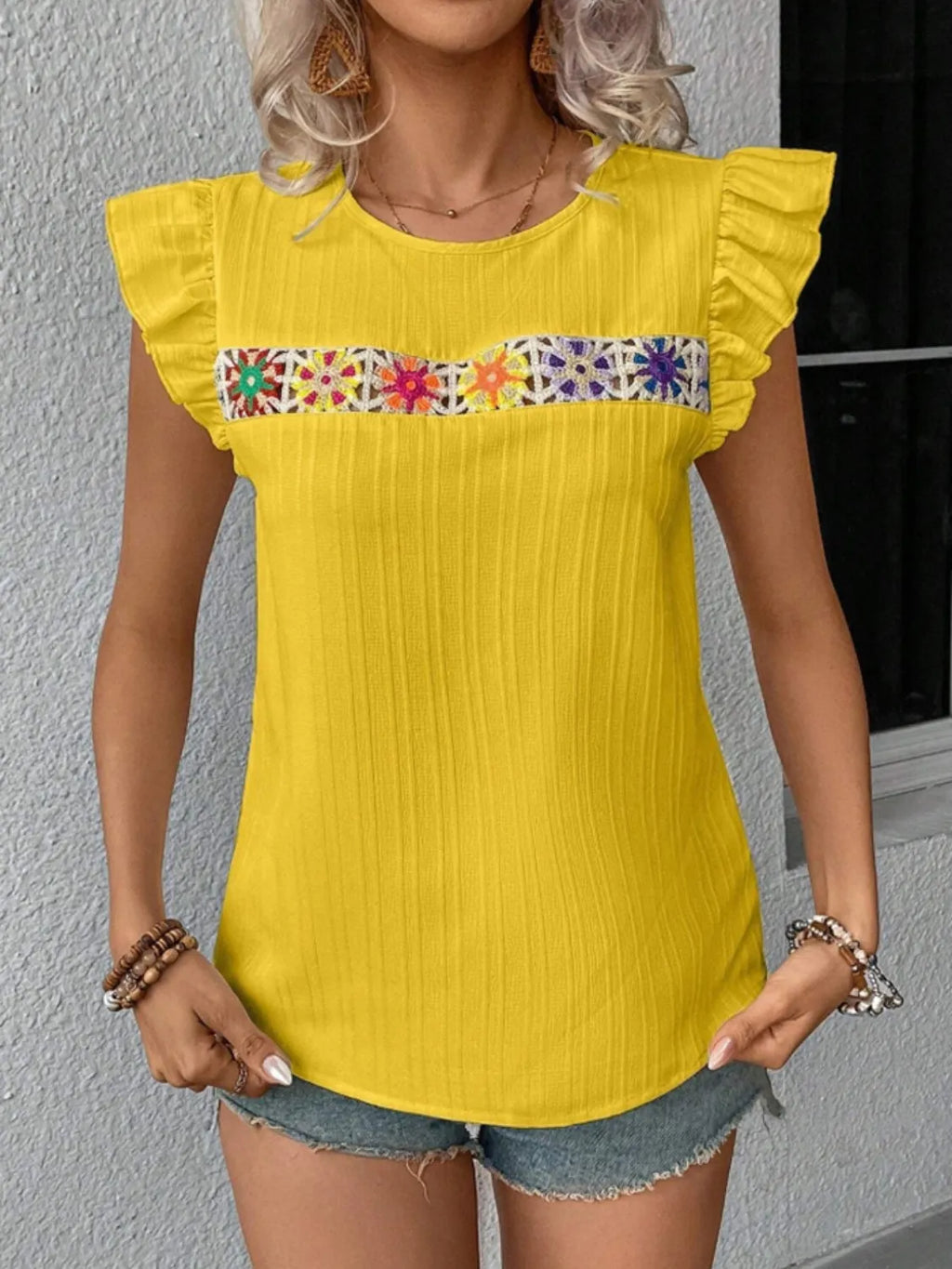 Ruffled Round Neck Cap Sleeve Blouse (4)