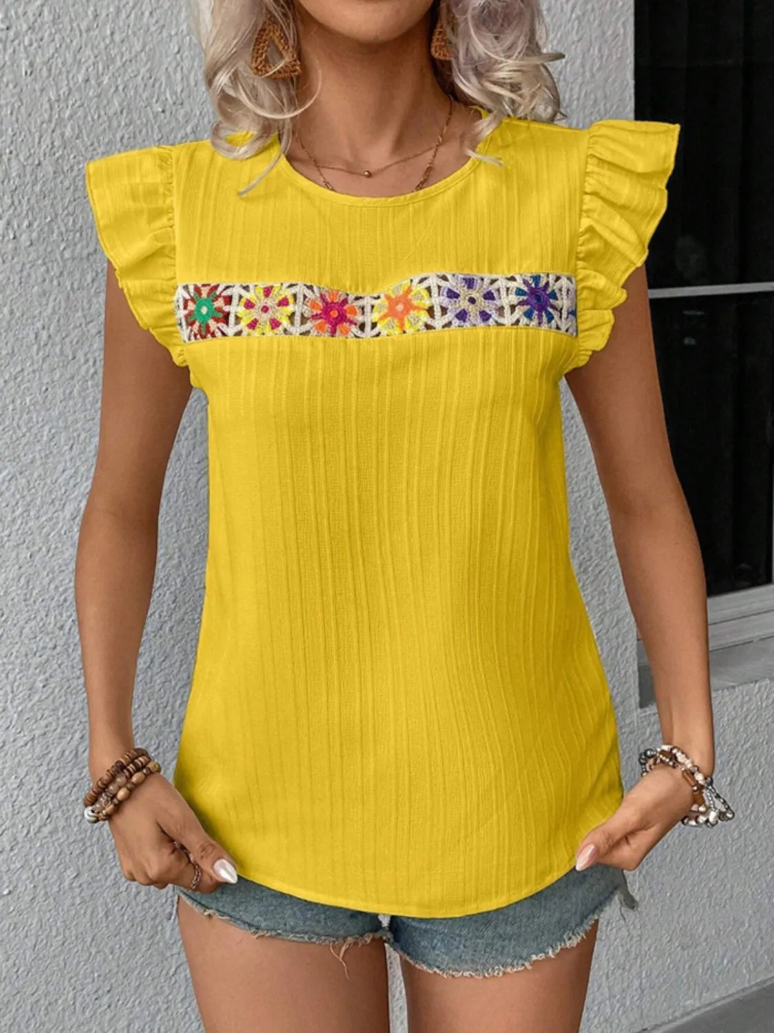 Ruffled Round Neck Cap Sleeve Blouse (4)