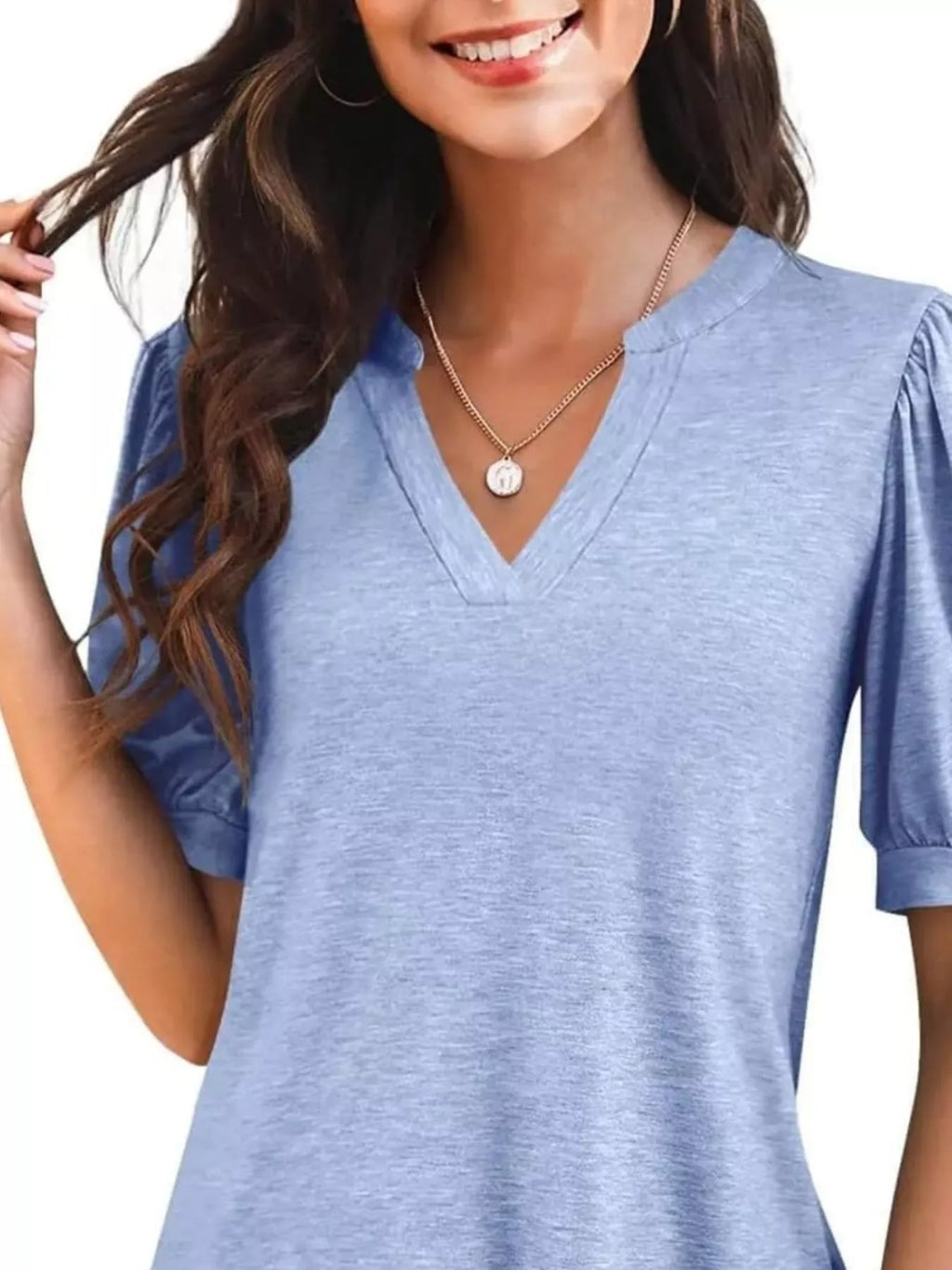 Puff Sleeve Notched Casual T-shirt (20)