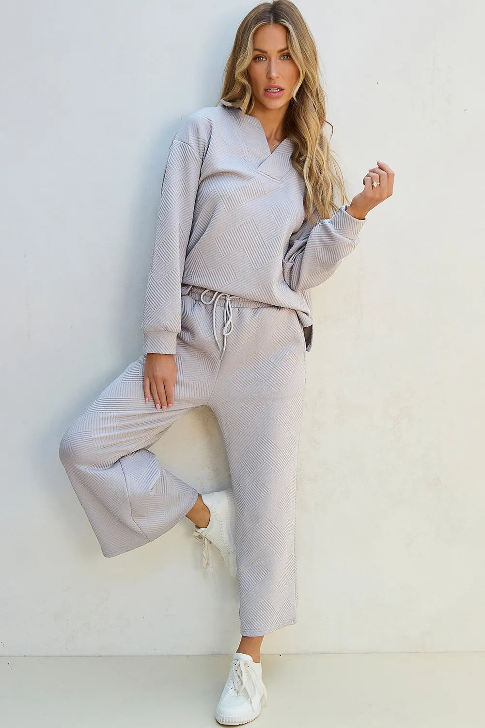 Textured Long Sleeve Top Drawstring Pants Set (3)