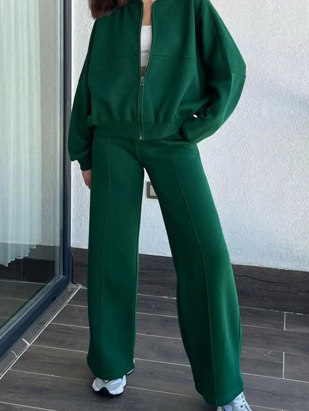Baseball Collar Zip Up Top Drawstring Paants Set (18)