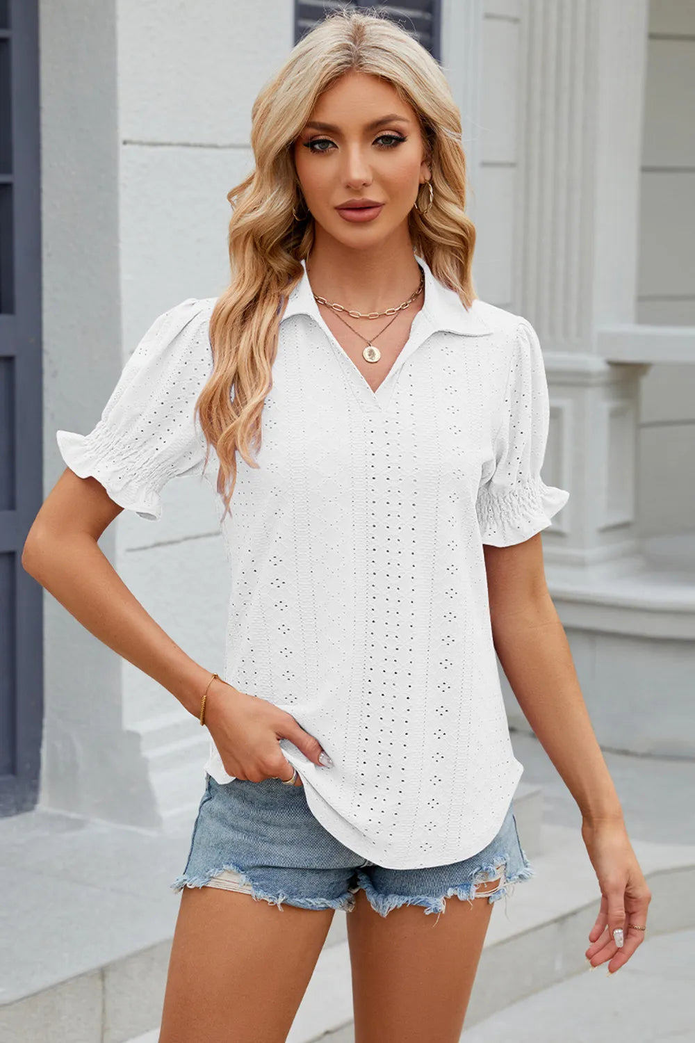 Eyelet Johnny Collar Short Sleeve Blouse (3)