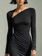 Asymmetrical Neck Ruched Long-sleeve Dress (8)