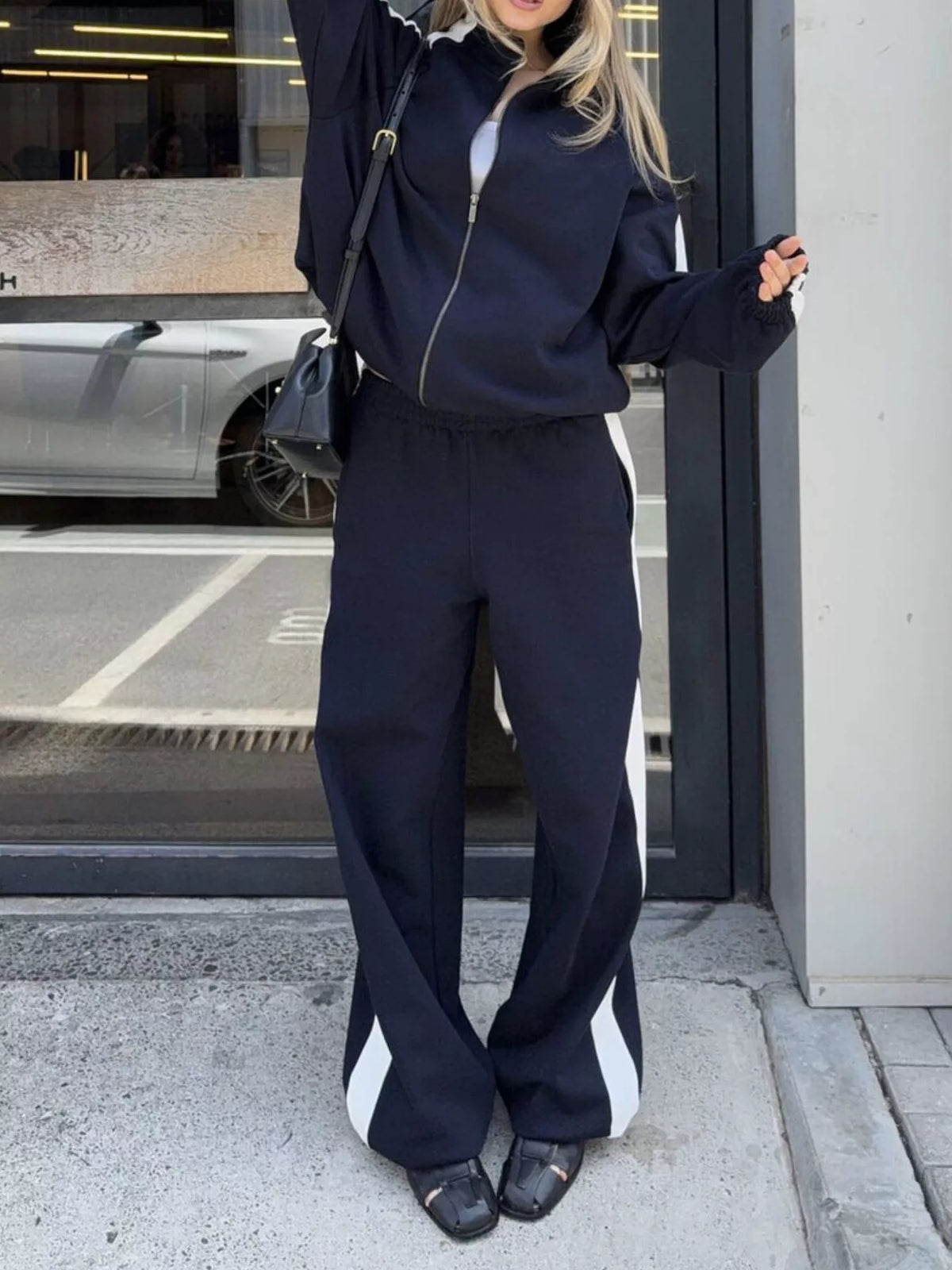 Contrast Side Stripe Zip Up Top Pants Set (12)