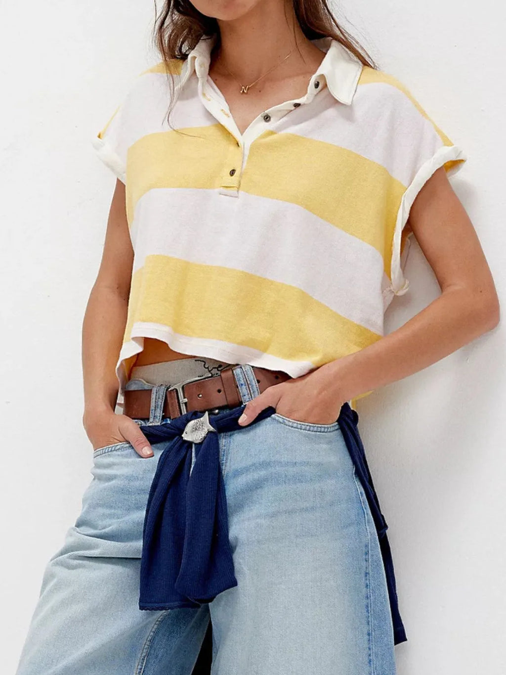 Striped Collared Neck Short Sleeve Top (11)