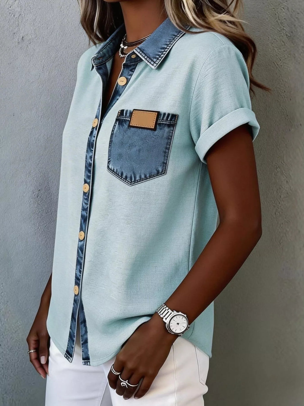 Denim Trim Short Sleeve Shirt (5)
